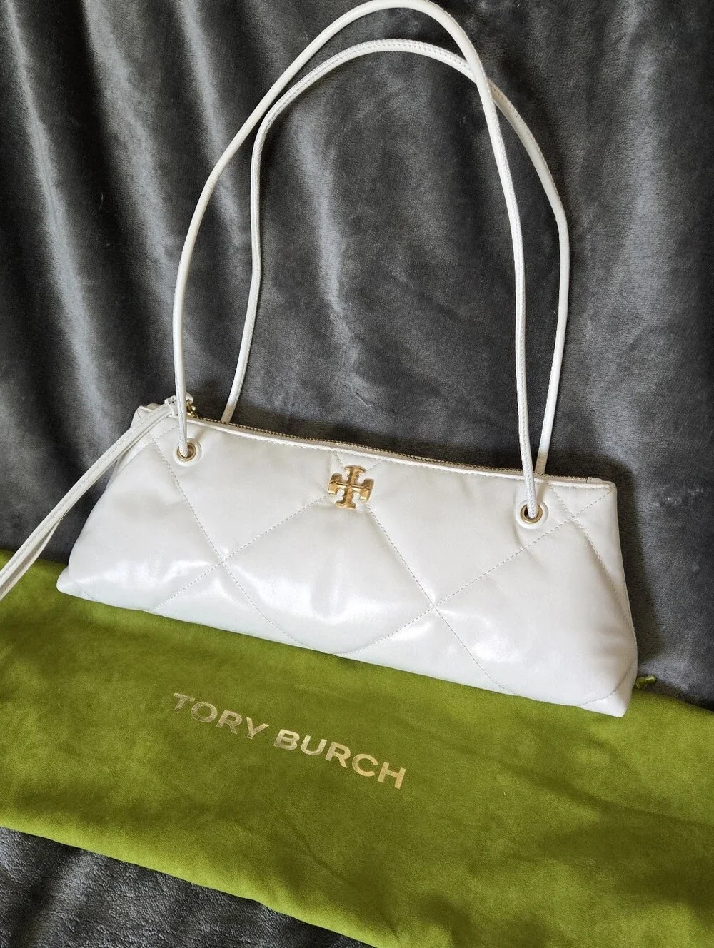 Tory Burch White Quilted Leather Shoulder Bag with Gold Logo Accent